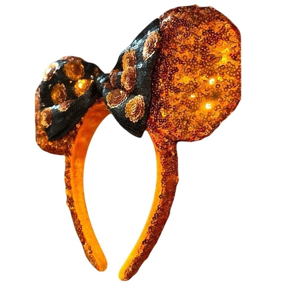 Disney Parks Halloween Ears Headband Orange Sequin Black Bow Minnie Mouse